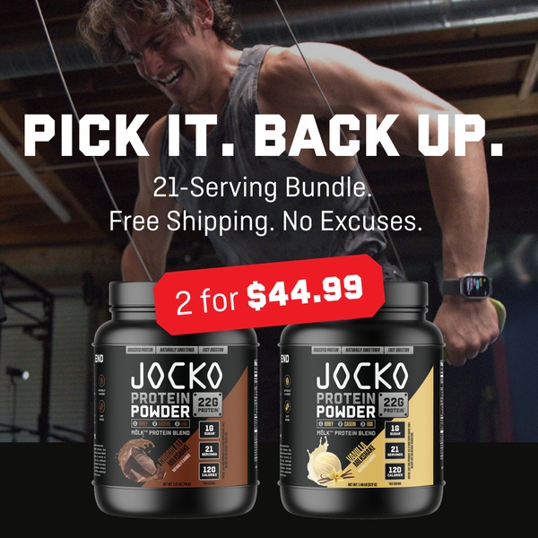 A square ad creative featuring a high-energy workout backdrop with two protein powder tubs highlighted by a prominent red price-point badge.